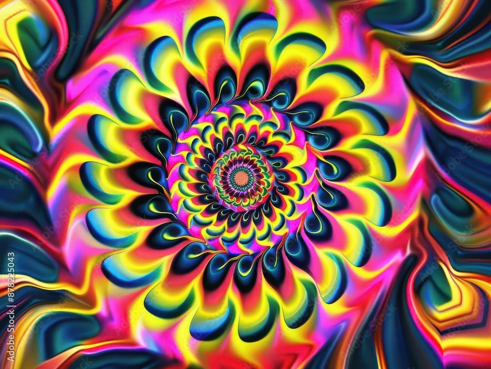 Wall mural psychedelic swirling mandala artwork with vibrant neon colors kaleidoscopic patterns creating mesmer