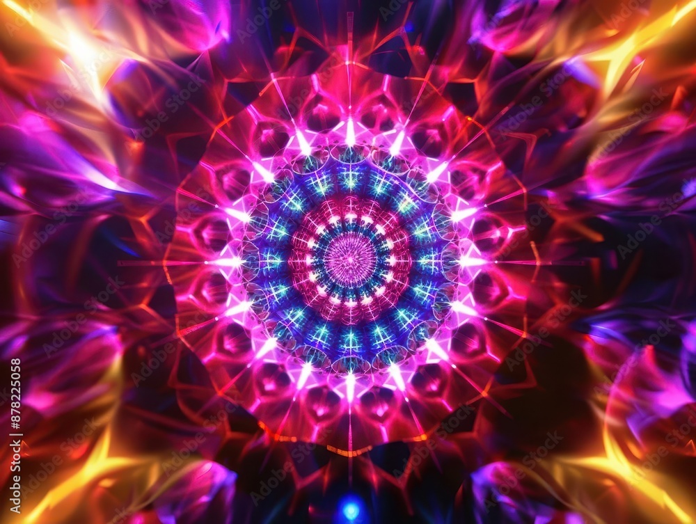 Wall mural psychedelic swirling mandala artwork with vibrant neon colors kaleidoscopic patterns creating mesmer
