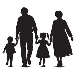 grandparents walking with two granddaughter silhouette vector