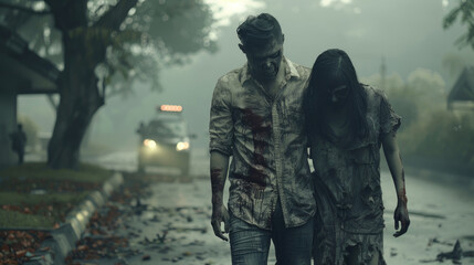 Fototapeta premium A Bloodied Man and Woman Walk Through a Foggy Street