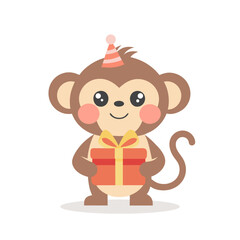 Cute baby monkey with a gift box in a party hat. Birthday greetings for children. Illustration, postcard, print for clothes