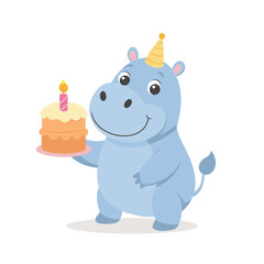 Cute baby hippo with a cake in a party hat. Happy birthday to children. Illustration for kids, card, print for clothes