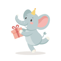Cute baby elephant with a gift box in a party hat. Birthday greetings for children. Illustration, postcard, print for clothes