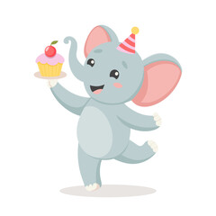 Cute baby elephant with a cake in a party hat. Birthday greetings for children. Illustration, postcard, print for clothes