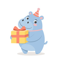 Cute baby hippo with a gift box in a party hat. Happy birthday to children. Illustration for kids, card, print for clothes