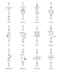 Set of zodiac sign and symbol blackwork tattoo. Sacred geometry horoscope tattoo design collection, mystic symbol of constellation. New school dotwork, line art minimalist style tattoo. Boho design.