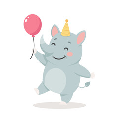 Cute baby rhino with a balloon in a party hat. Birthday greetings for children. Illustration, postcard, print for clothes