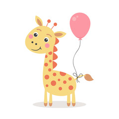 Cute giraffe with a balloon wearing a party hat. Happy birthday to children. Illustration for kids, card, print for clothes
