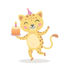 Cute baby tiger, leopard with a cake in a party hat. Birthday greetings for children. Illustration, postcard, print for clothes