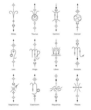 Set of zodiac sign and symbol blackwork tattoo. Sacred geometry horoscope tattoo design collection, mystic symbol of constellation. New school dotwork, line art minimalist style tattoo. Boho design.
