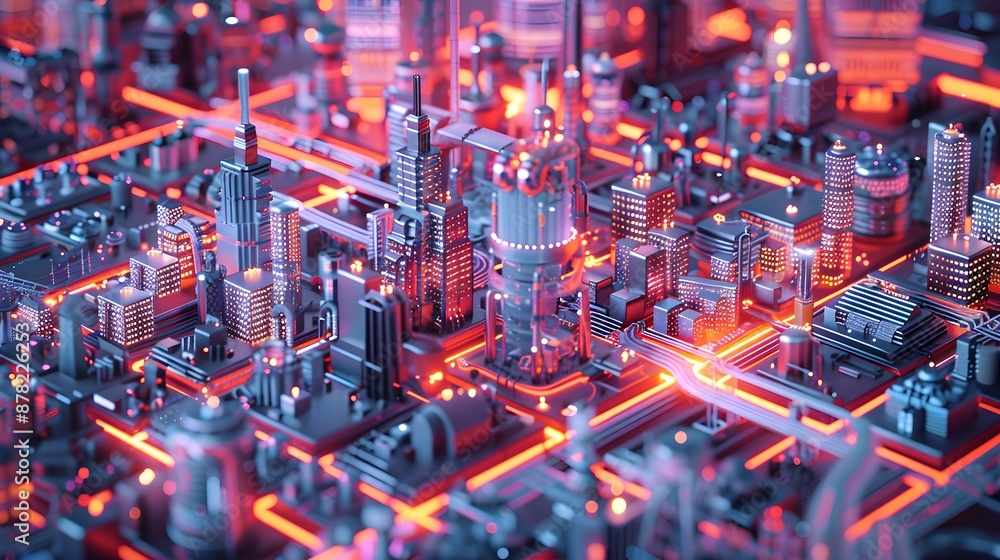 Poster a complex, digital flowchart overlaying a bustling city, tracking the movement and transformation of