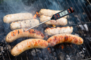 Close-up shot of grilled sausages on barbecue with digital thermometer showing temperature in...
