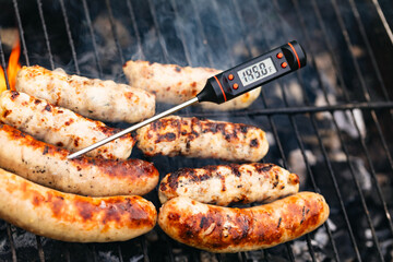 Close-up shot of grilled sausages on barbecue with digital thermometer showing temperature in...