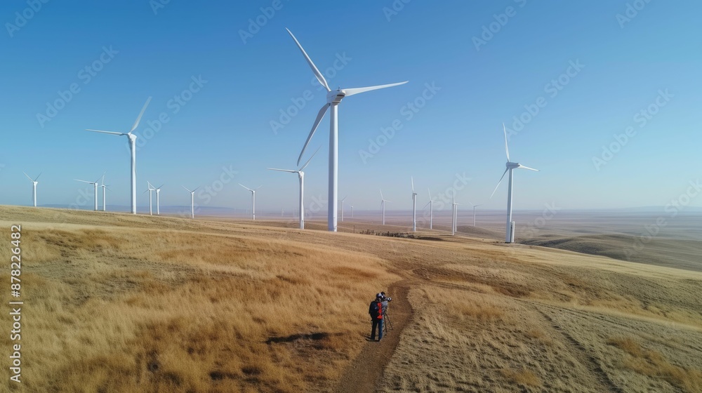 Poster skilled civil engineer with safety helmet exploring and inspecting area with wind mill by using dron