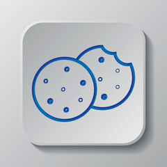 Cookie simple icon vector. Flat design. Paper cut design. Cutted blue symbol with shadow. Gray badge button, gray background