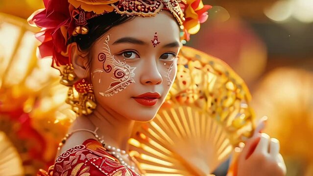 Indonesian girl with traditional costumn dance in bali temple