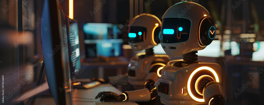 Aufkleber futuristic robots working at computer desk in modern office