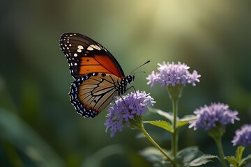 Fototapeta premium Charming nature with close-up views of butterfly in sunshine, emphasizing natural beauty, wildlife, serene landscapes, tranquility, grace, elegance, enchanting themes, and ample copy space.