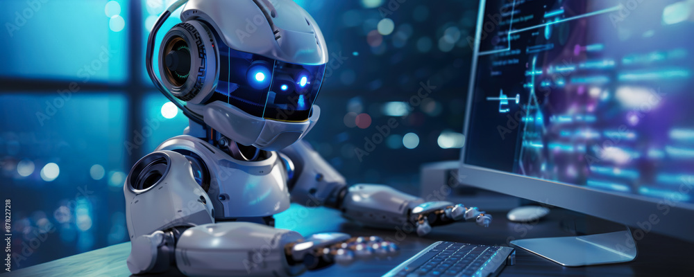 Poster white robot working on a desktop computer in a blue lit office