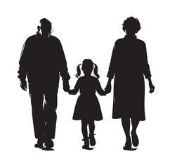 grandparents walking with two granddaughter silhouette vector