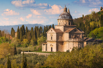 Fototapeta premium San Biagio church and surrounding landscape. Montepulciano town, province of Siena, Tuscany region, Italy, Europe.