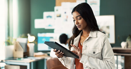 Work, research and woman with tablet in office for communication, brainstorming or information. Web...