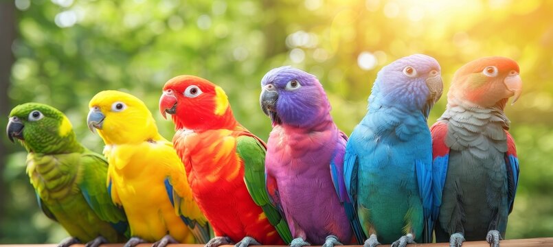 Tropical birds in vibrant plumage soaring through lush jungle canopy, illuminated by sunlight.