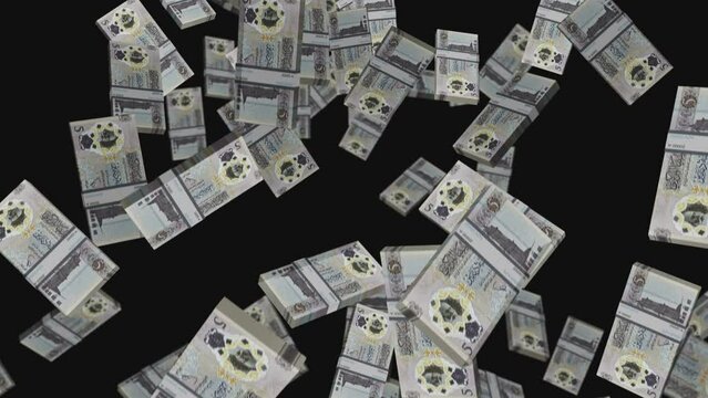 Libya dinar 5 LYD banknote packs falling loop. Libyan money note fall. 3D seamless looped isolated abstract concept of economy, finance, crisis, success and banking.