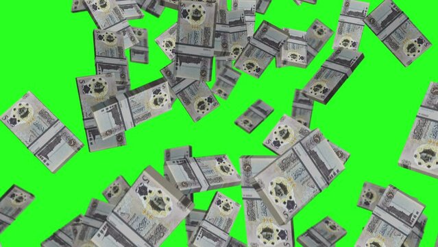 Libya dinar 5 LYD banknote packs falling loop. Libyan money note fall. 3D seamless looped isolated abstract concept of economy, finance, crisis, success and banking. Green screen.