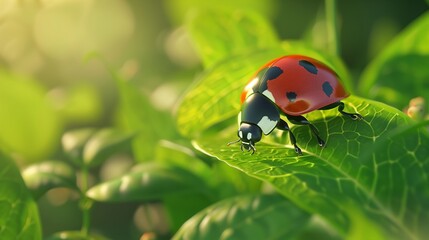 Fototapeta premium Ladybug walking leaf soft morning ideal nature concepts insect environmental designs single close-up texture in garden education
