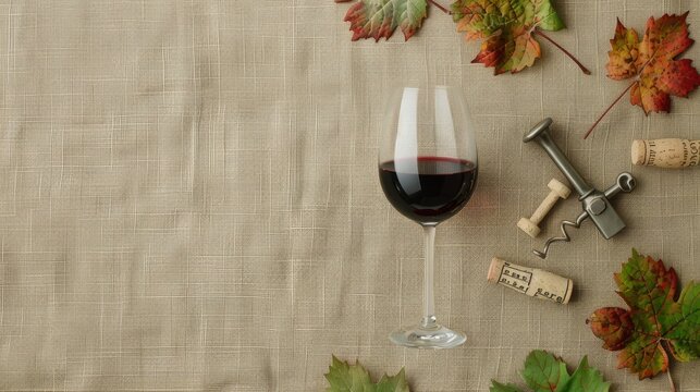 A Glass of Red Wine and Autumn Leaves