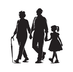 grandparents walking with two granddaughter silhouette vector