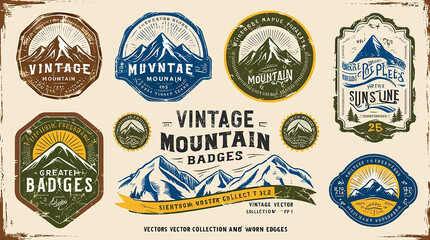 Vintage mountain badge, vector illustration and ornament,