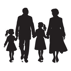 grandparents walking with two granddaughter silhouette vector