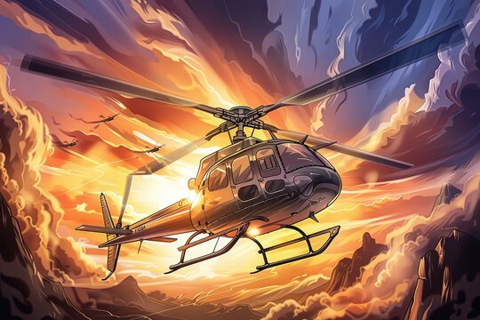 Black helicopter flying through a canyon with stormy sky