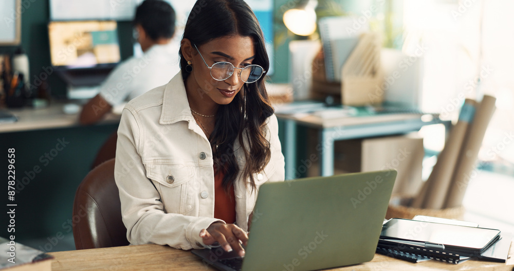 Aufkleber research, glasses and woman with laptop in office for project plan, brainstorming and information. c