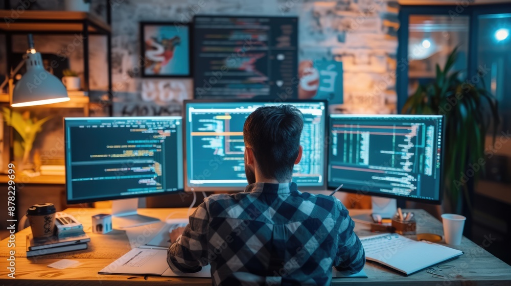 Poster a focused software developer codes on a dual monitor setup in a modern office environment with a min