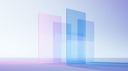 Three rectangular transparent glass blocks with a gradient, translucent color background. The glass material creates the impression of three-dimensional space. Minimalist style soft lighting