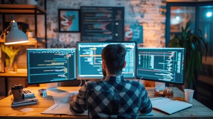 A focused software developer codes on a dual monitor setup in a modern office environment with a minimalist aesthetic. AIG41