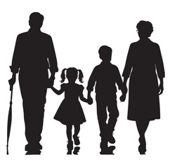 grandparents walking with two granddaughter silhouette vector