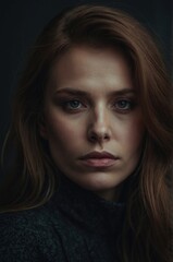 Fototapeta premium Close-up portrait of a woman with an intense, pensive gaze, showcasing deep emotions and natural beauty against a dark background. 