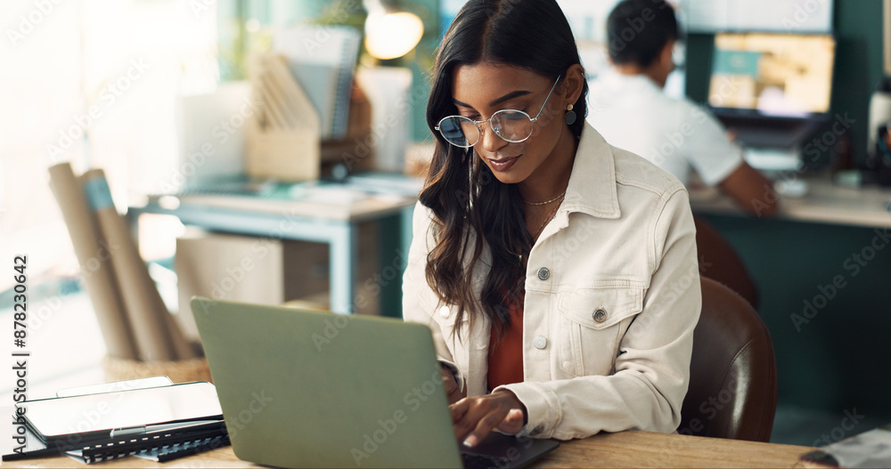 Sticker Glasses, communication and woman with laptop in office for project plan, information and update. Creative, person and web design with tech at desk for digital portfolio, research and ux development