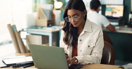 Glasses, communication and woman with laptop in office for project plan, information and update....