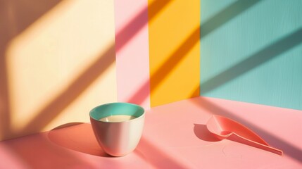 Colorful ceramic cup and spoon on a vibrant background