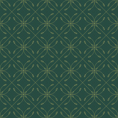 a green background with abstract gold leaves and a gold luxury seamless pattern.