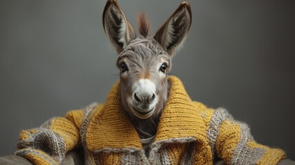 In an ultra-detailed style, a donkey face wears a cardigan and shirt for a photo shoot against a chestnut, gray background.