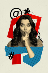 Vertical image young beautiful woman show gesture silence sign afraid shutup scared frightened...