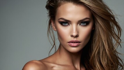 Fototapeta premium A glamorous fashion model with flowing hair and intense gaze, showcasing beauty and style in a studio portrait. 