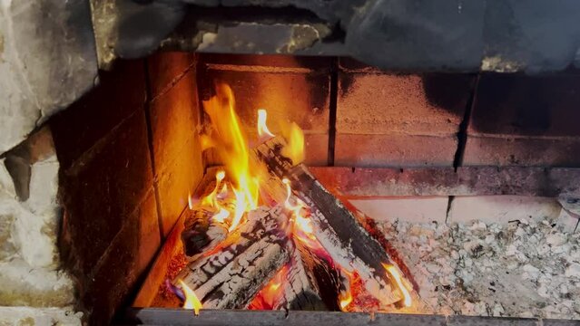 Burning firewood in fire-box of fireplace.