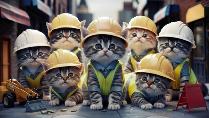 A group of kittens wearing hard hats and construction vests, AI